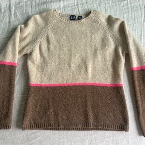 GAP Wool Cream Sweater with Brown Block and Pink Stripe